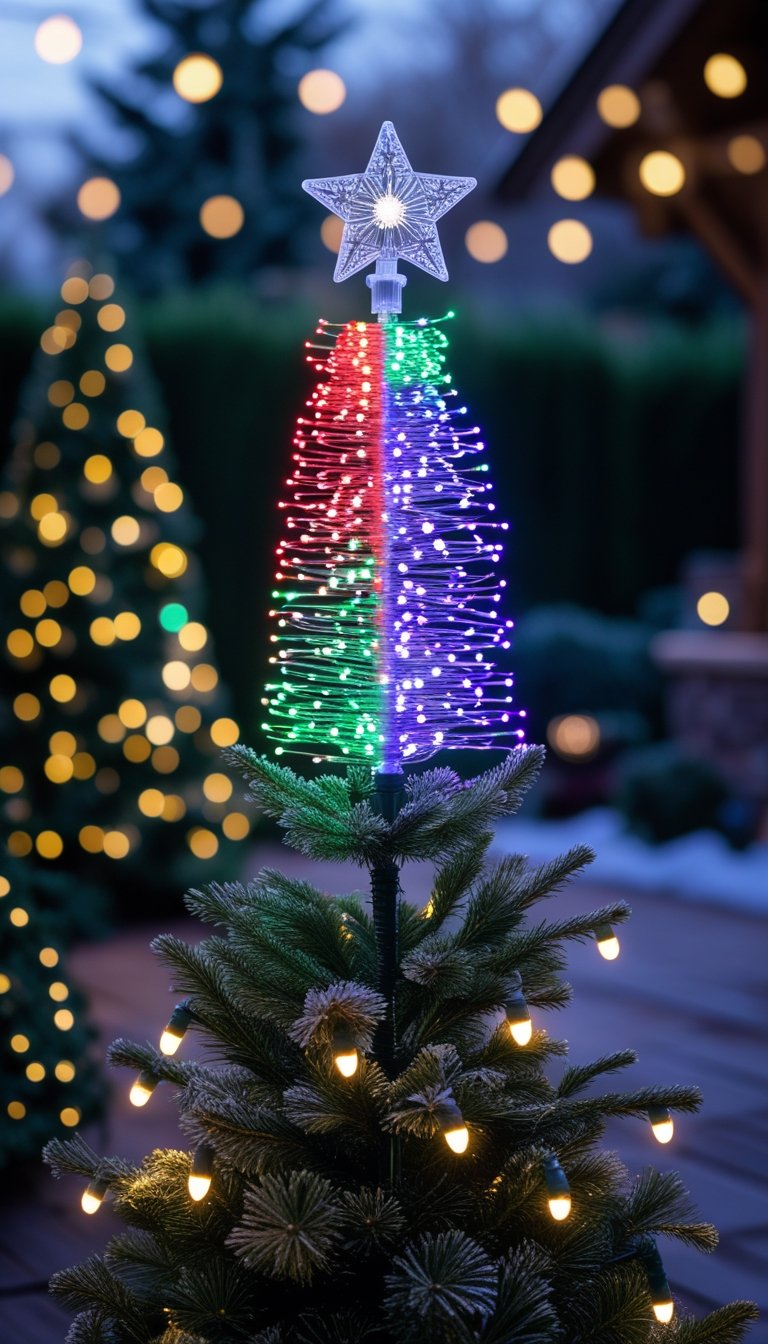 Outdoor Christmas tree topped with a fiber optic light decoration that changes colors, surrounded by glowing Christmas lights.