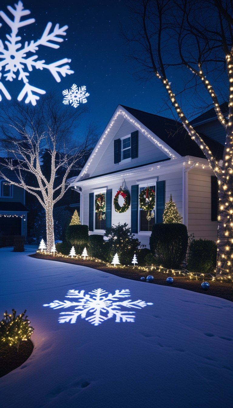 A snowy outdoor yard at night decorated with Christmas lights and snowflake laser projections on a house and trees.