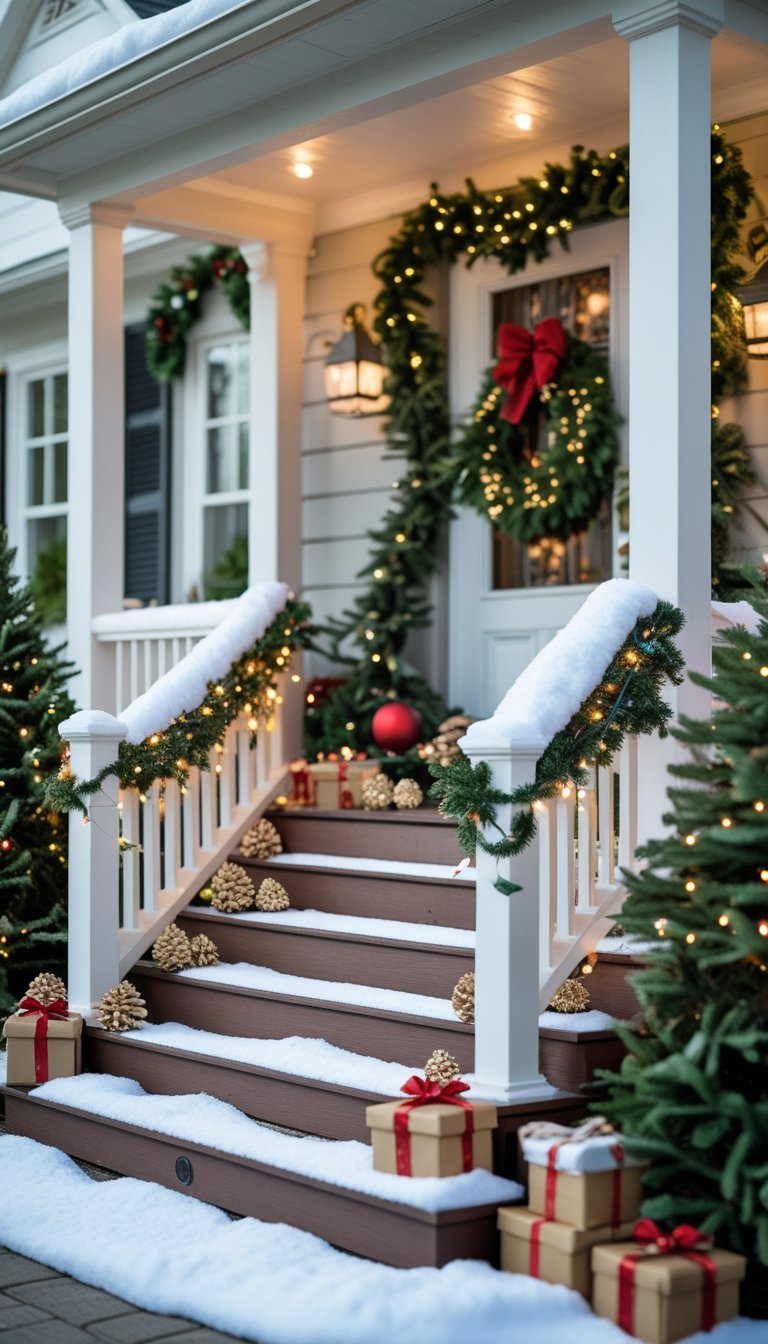 Front porch with wooden railing and steps covered in faux snow blankets, decorated with Christmas garlands, ornaments, and lights.