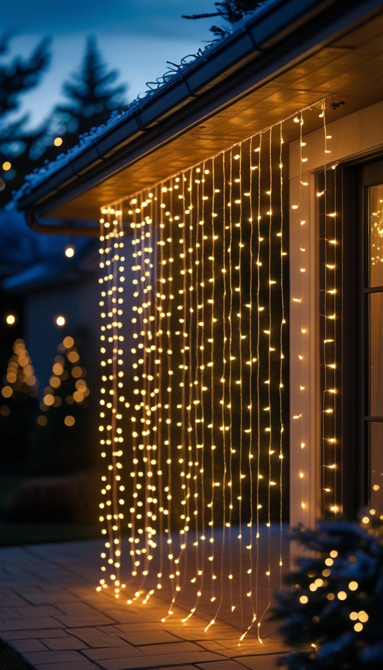 Outdoor scene showing a light curtain of warm white lights hanging from the eaves of a house during evening.