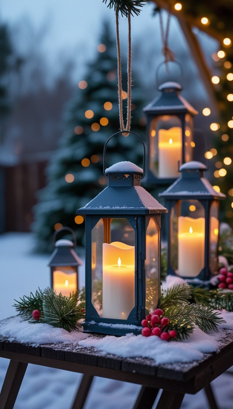 Outdoor scene with vintage lanterns containing flameless candles surrounded by Christmas decorations on a snowy evening.