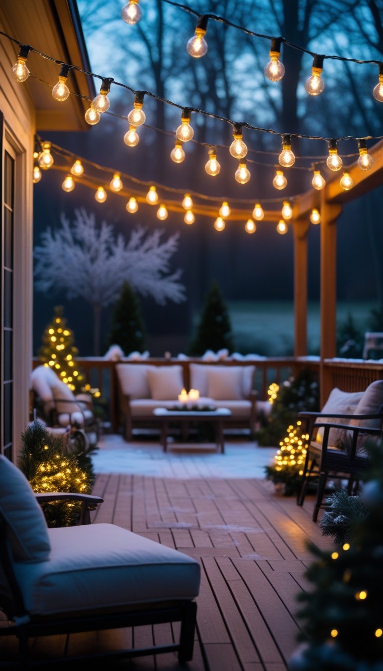 Outdoor patio with warm glowing string lights hanging above wooden seating area during evening.