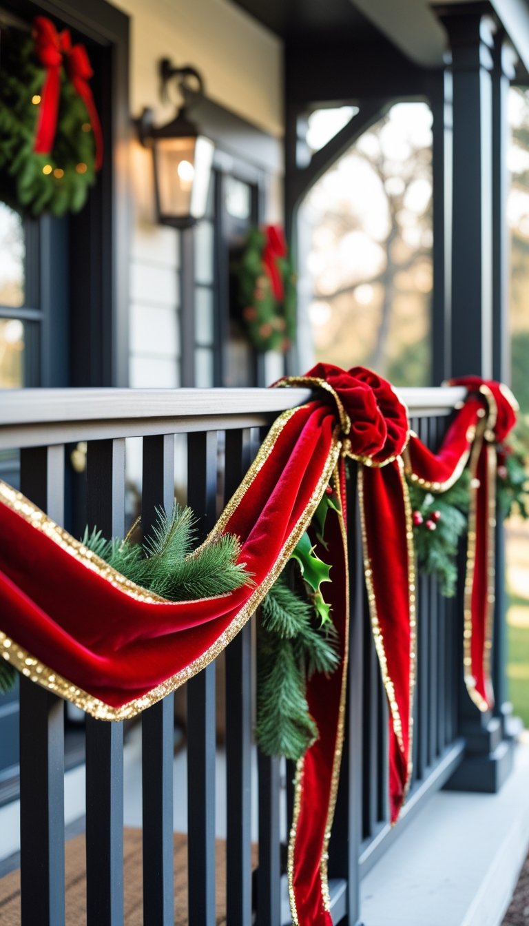 Front porch railing decorated with red velvet ribbons with gold edges and greenery for Christmas.