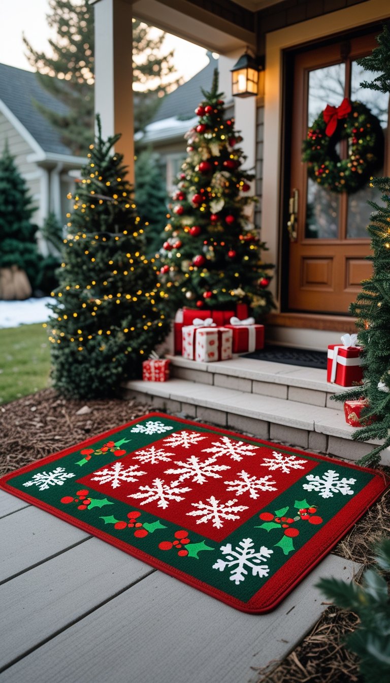 A Christmas-themed doormat at a home's entrance surrounded by outdoor holiday decorations including lights, a small Christmas tree, and wrapped gifts.