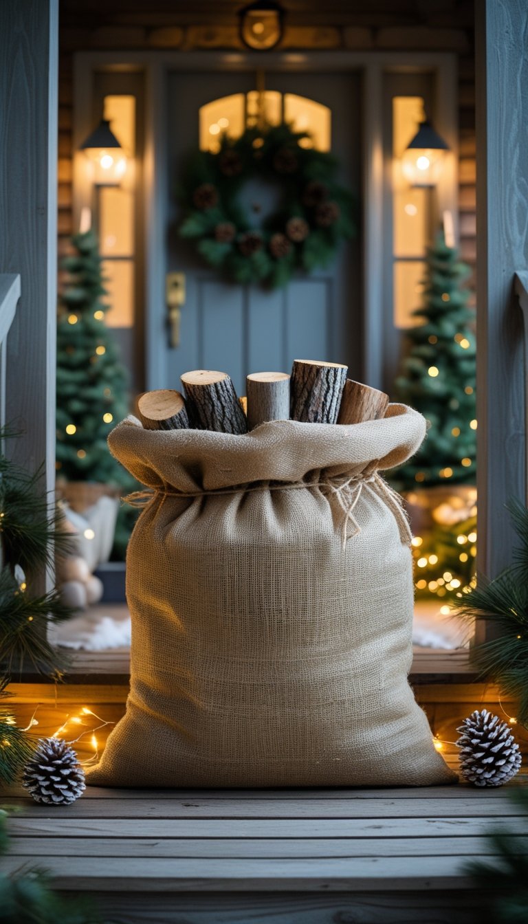 A burlap sack filled with logs on a wooden front porch decorated with pine branches, pine cones, and fairy lights for Christmas.