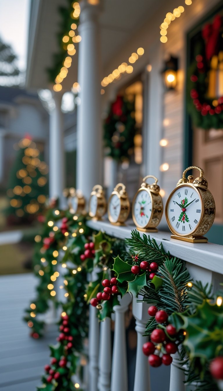 Front porch railing decorated with small Christmas clocks, green garlands, red berries, and white lights during the holiday season.