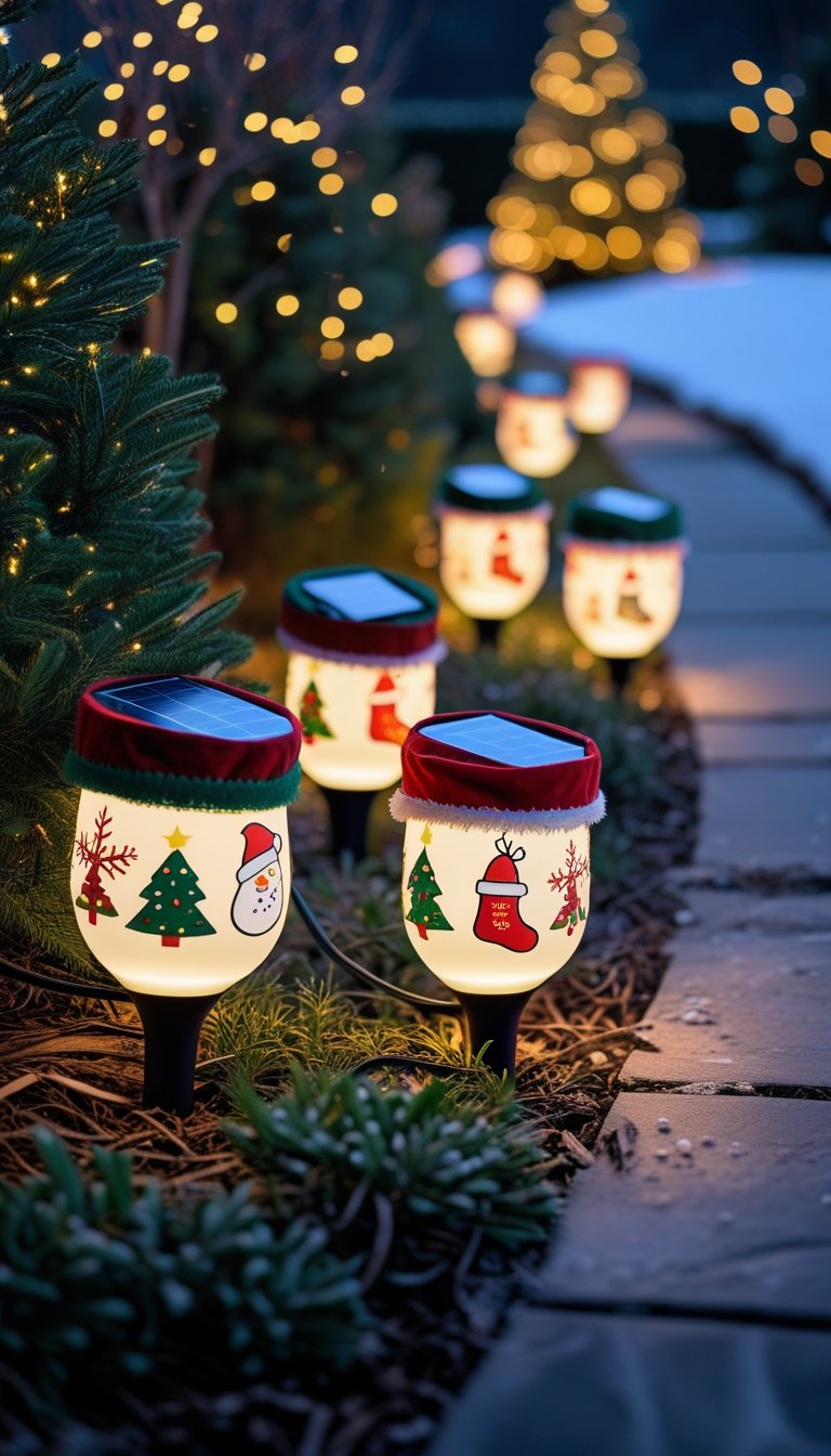 Outdoor garden pathway lit by solar-powered LED lights with colorful Christmas-themed covers during twilight.