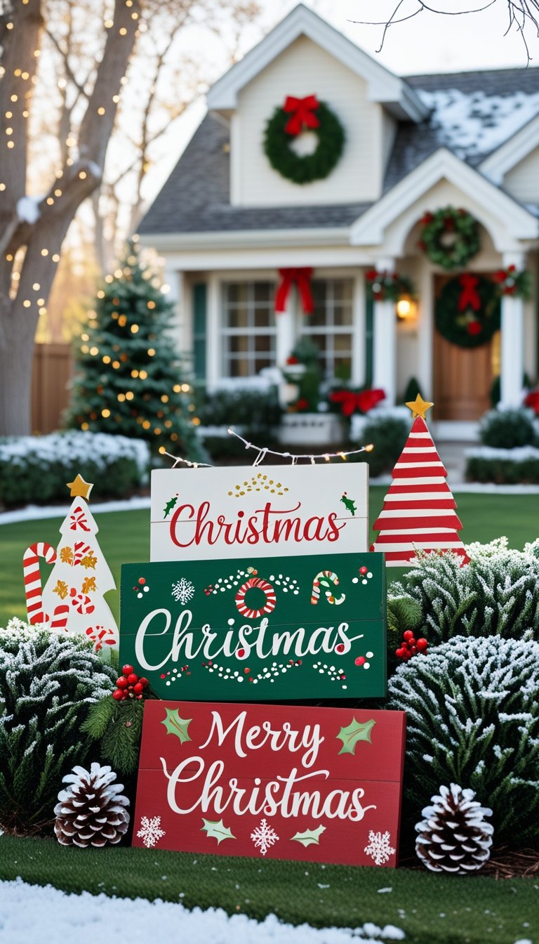 Outdoor yard decorated with hand-painted wooden Christmas signs among evergreen bushes and holiday greenery near a house.