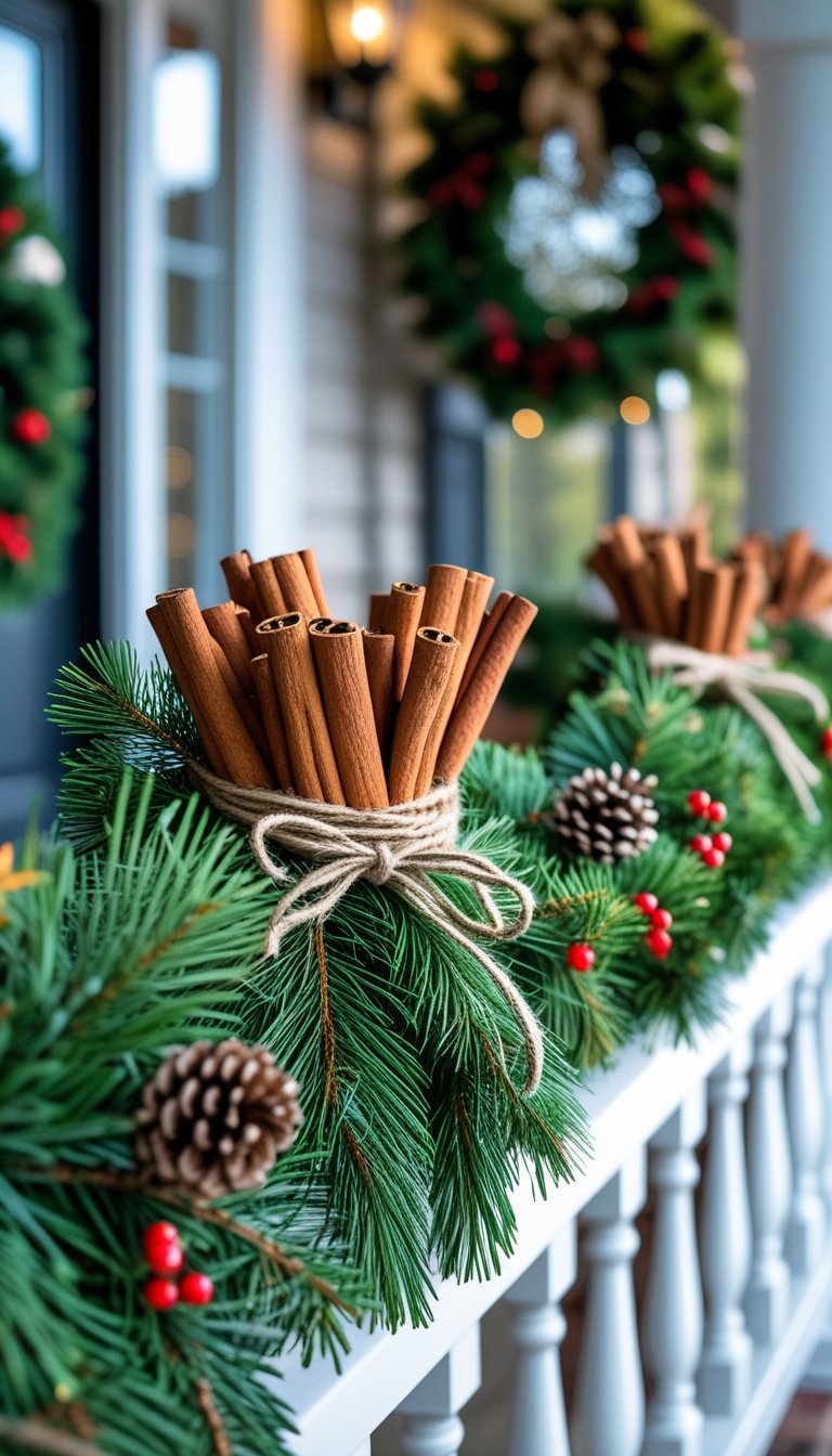 Christmas front porch railing decorated with pine branches and cinnamon sticks.
