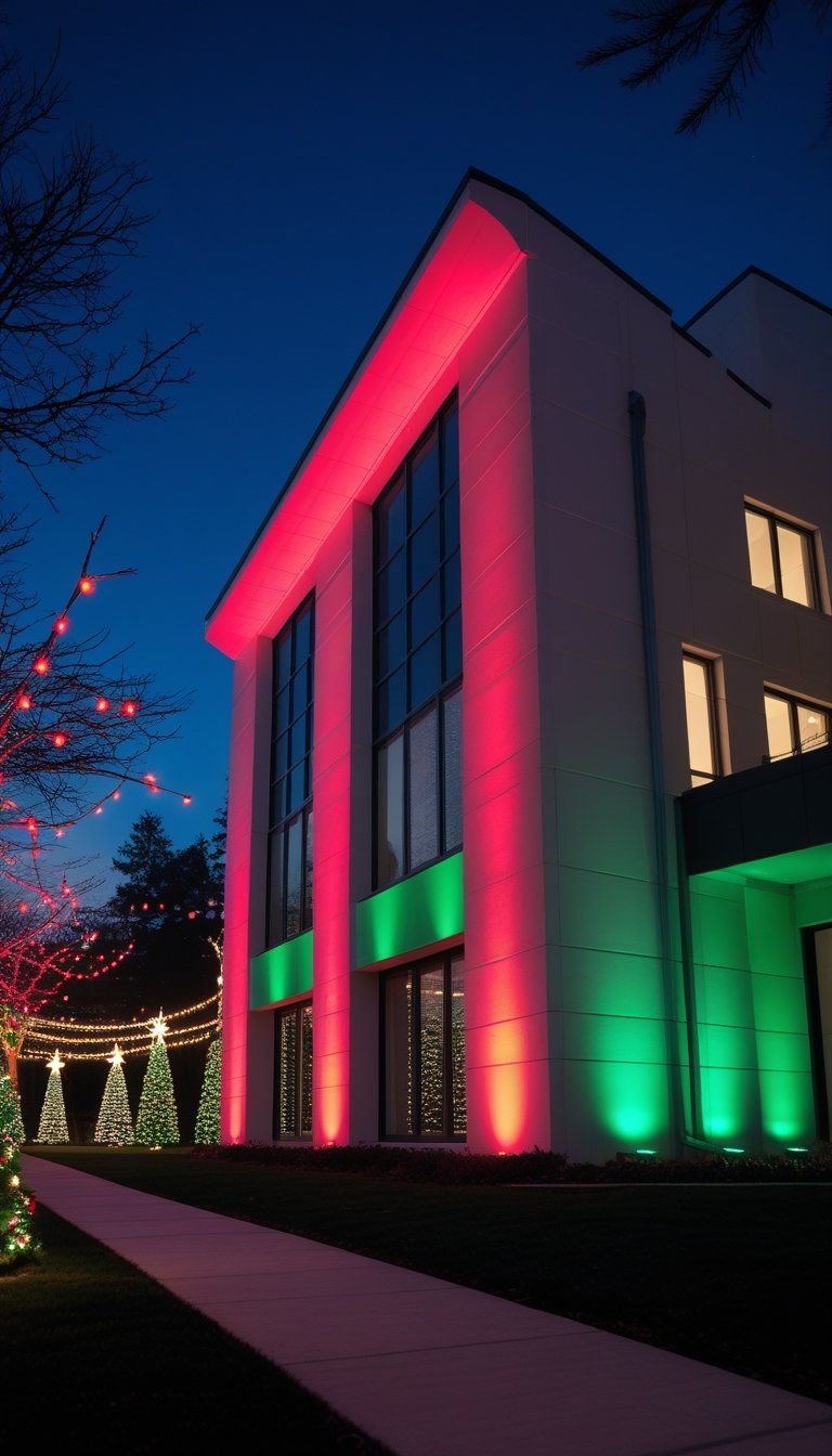 A modern building at night illuminated by red and green spotlights highlighting its architectural details with subtle Christmas decorations around.