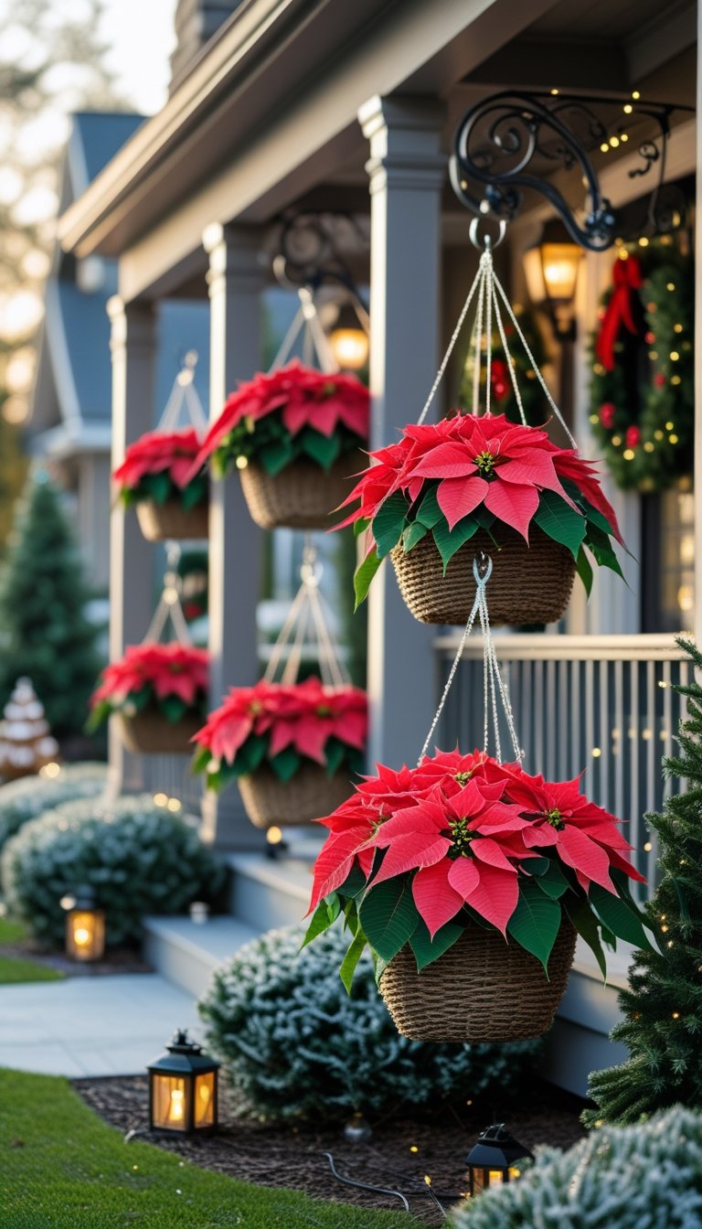 Hanging red poinsettia baskets displayed outdoors with Christmas decorations around a house porch.