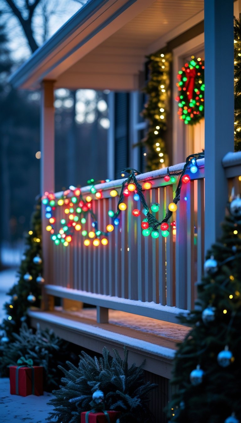 Front porch railing decorated with colorful LED string lights and holiday greenery during Christmas.