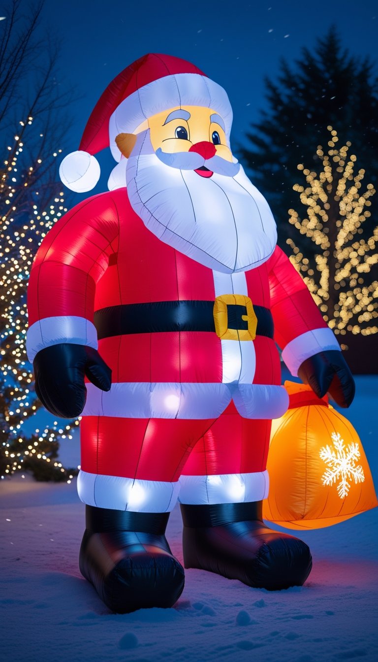 An inflatable Santa Claus with internal LED lights glowing outdoors at night surrounded by Christmas lights and snow.