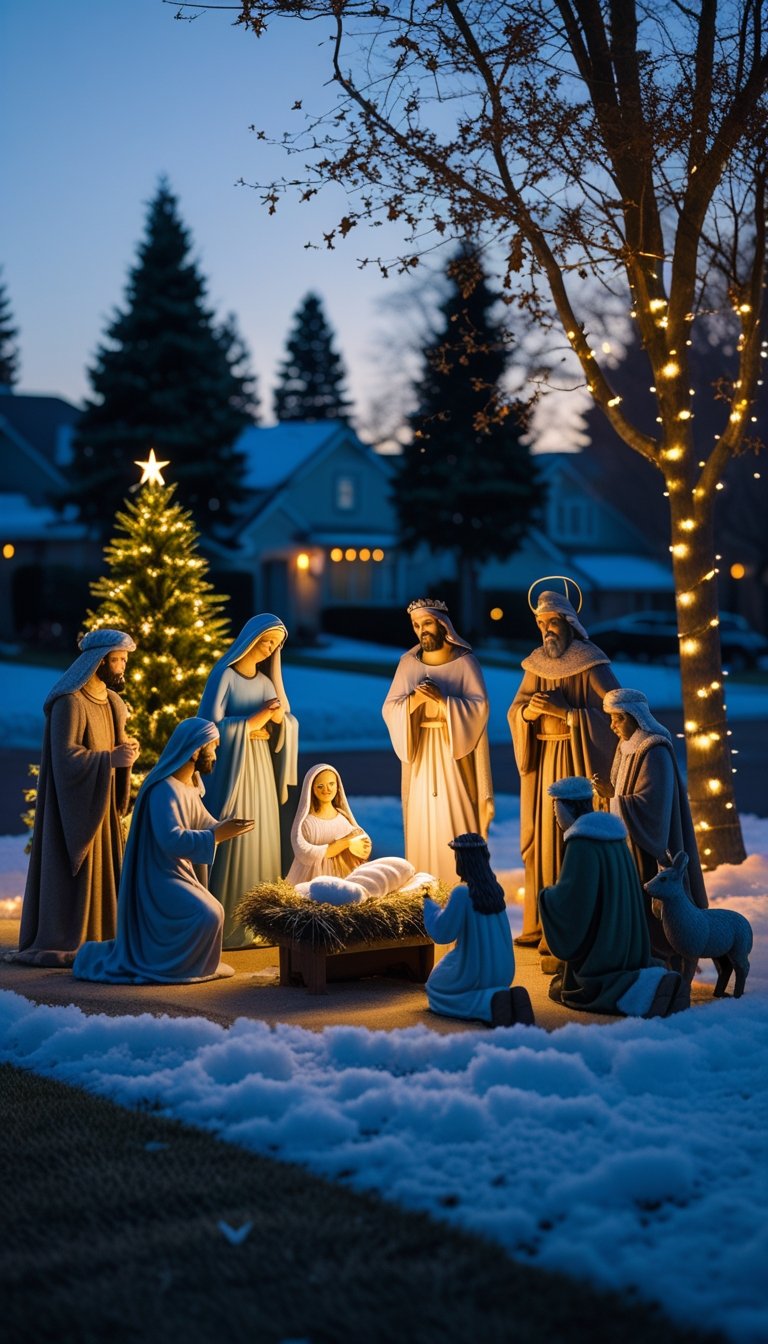 Outdoor nativity scene set with figurines of Mary, Joseph, baby Jesus, shepherds, wise men, and animals in a snowy yard with decorated evergreen trees.