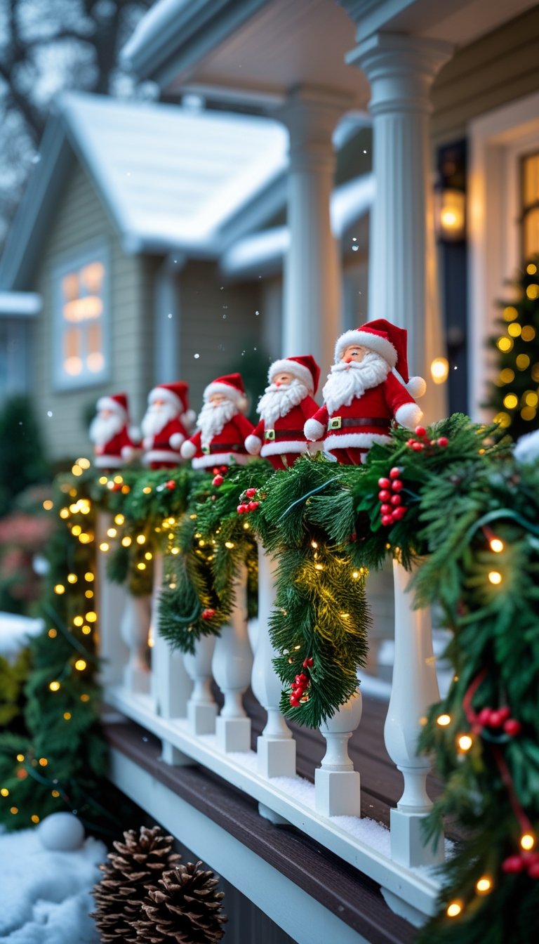 A front porch railing decorated with green garlands and miniature Santa Claus figurines among holiday ornaments and lights.