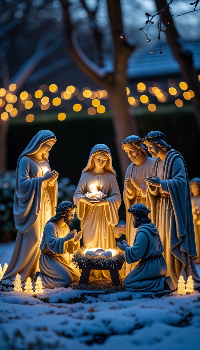 Outdoor nativity scene with illuminated figures glowing softly in a snowy garden at dusk surrounded by Christmas lights.