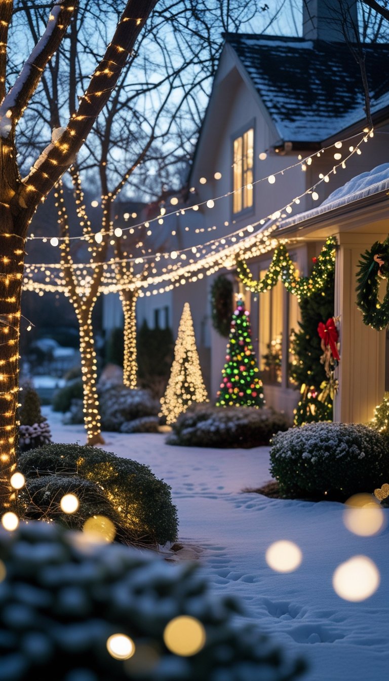 An outdoor yard decorated with warm white string lights and Christmas decorations, with a house in the background and light snow on the ground.