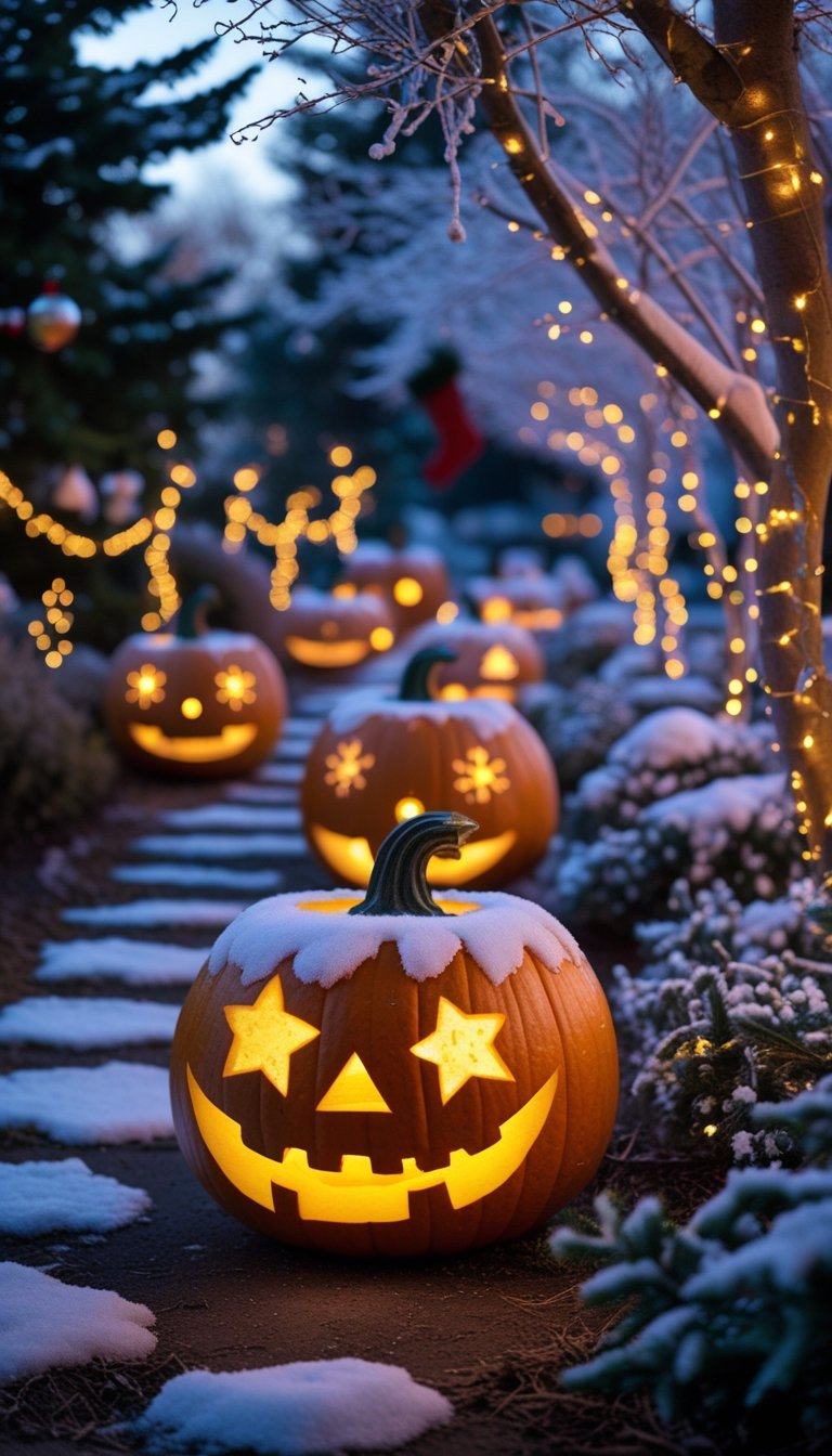Glowing hollowed pumpkins carved with Christmas designs lighting a snowy garden path decorated with evergreen trees and festive lights.