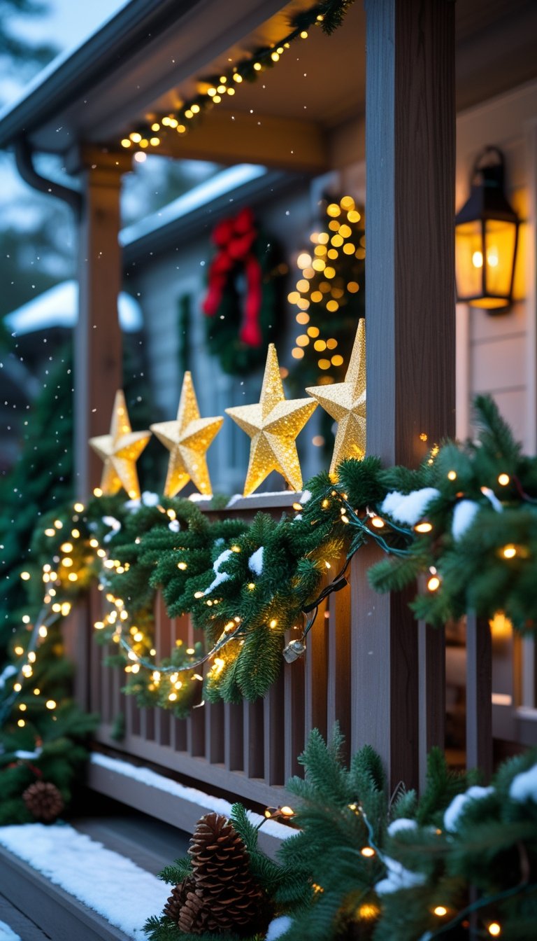 A front porch railing decorated with sparkling gold star toppers, green garlands, and warm white lights during Christmas.