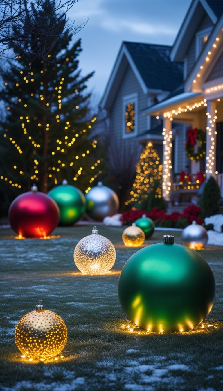 Outdoor yard decorated with large glowing Christmas ornaments on a snowy lawn surrounded by evergreen trees with holiday lights.