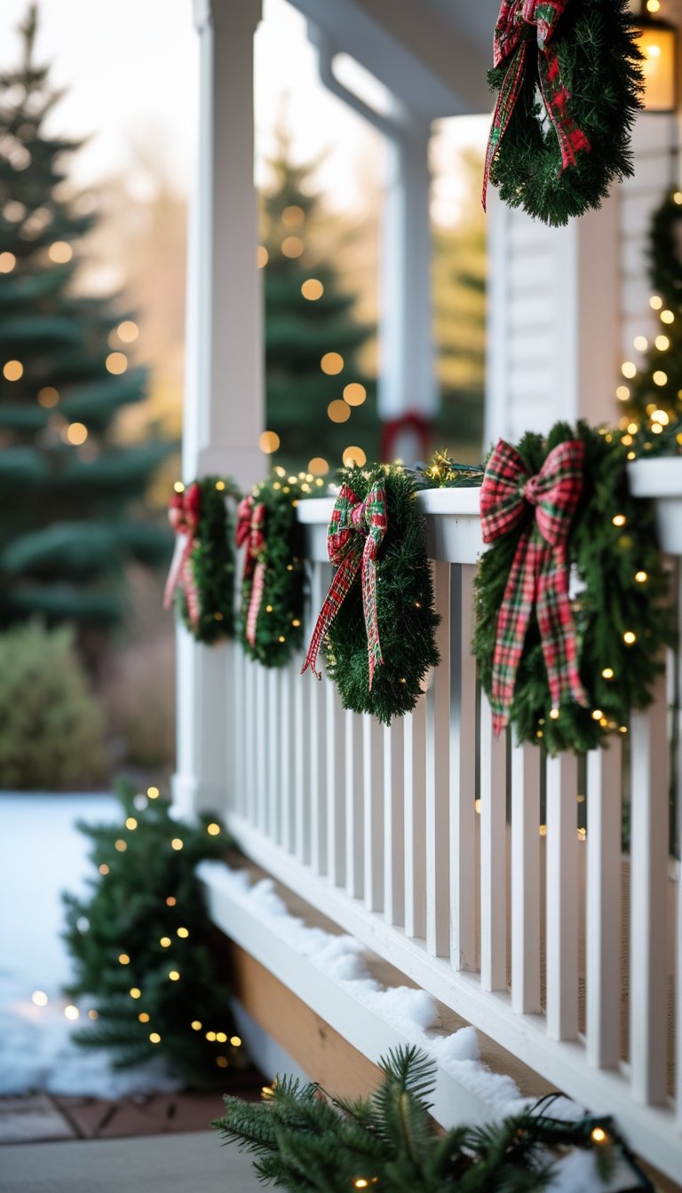 Front porch railing decorated with small Christmas wreaths tied with plaid bows and holiday lights.