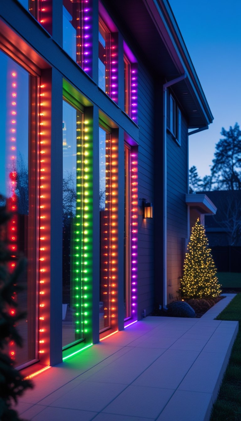 A house at dusk with windows outlined by color-changing LED strip lights glowing in multiple colors.