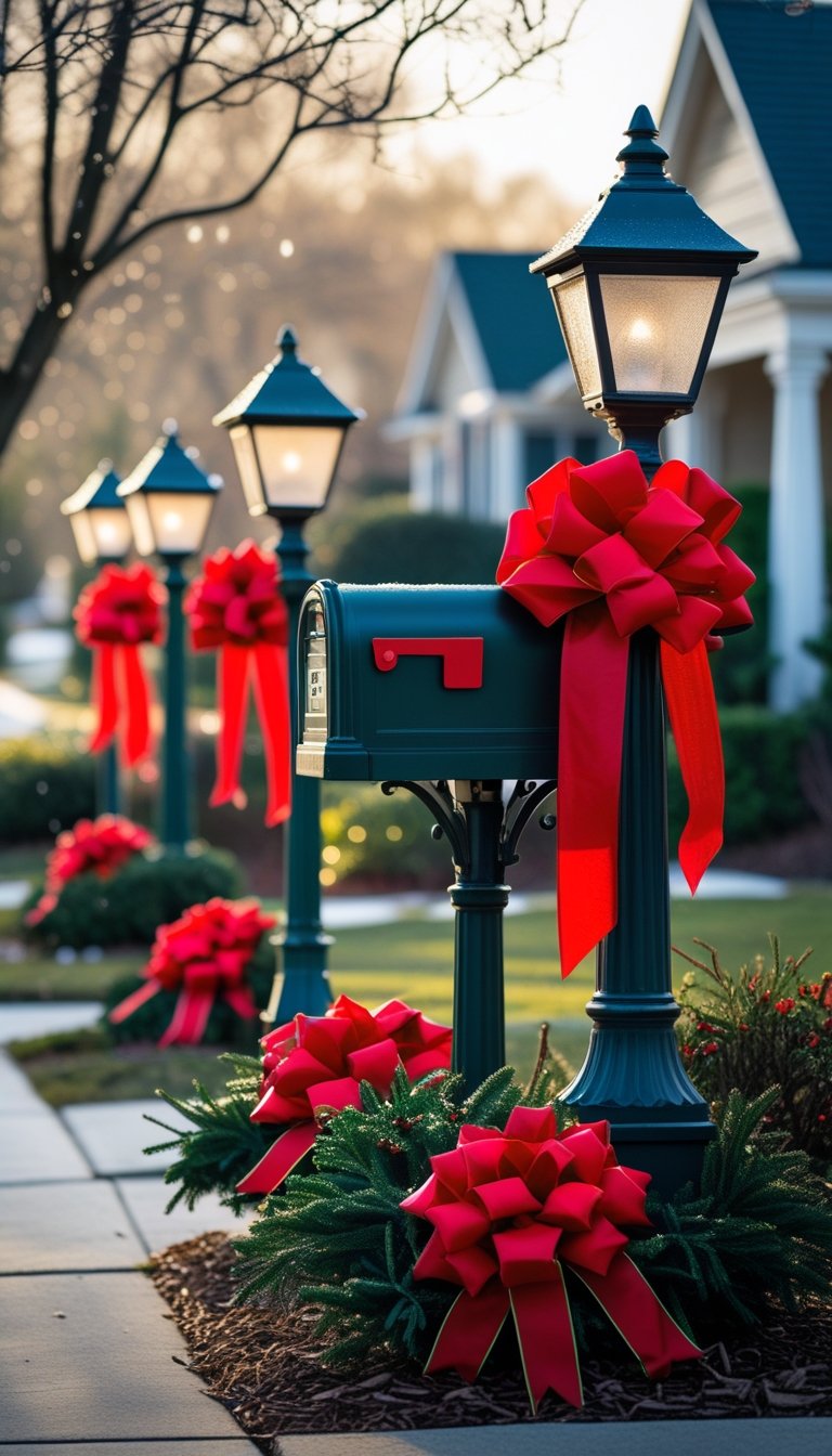 A mailbox and lamp posts decorated with large red bows in a snowy outdoor yard.