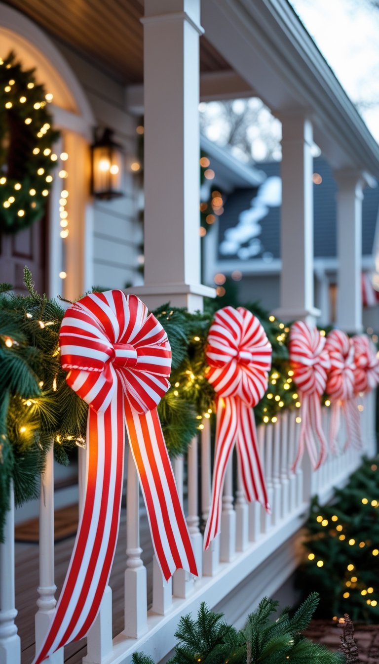 Christmas front porch railing decorated with candy-striped ribbon bows, green garlands, and fairy lights.