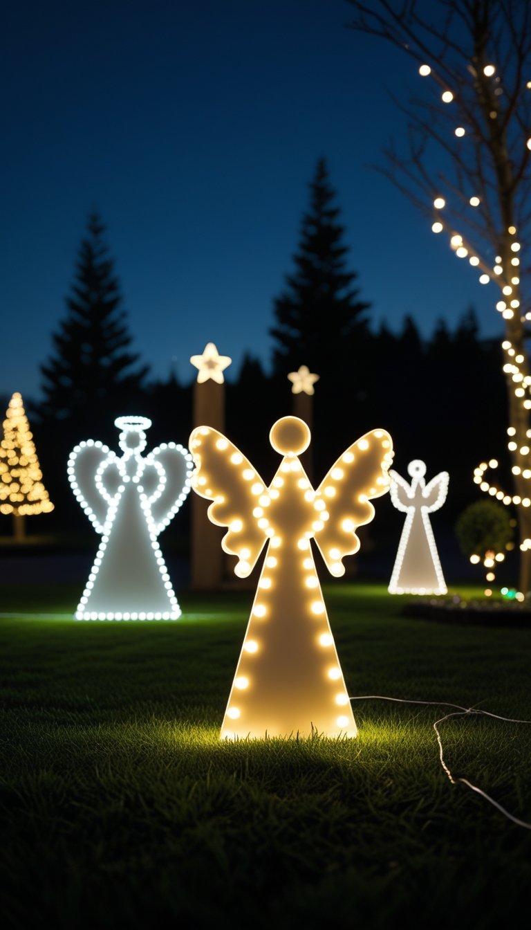 Outdoor lawn decorated with illuminated angel and star silhouettes glowing at night.