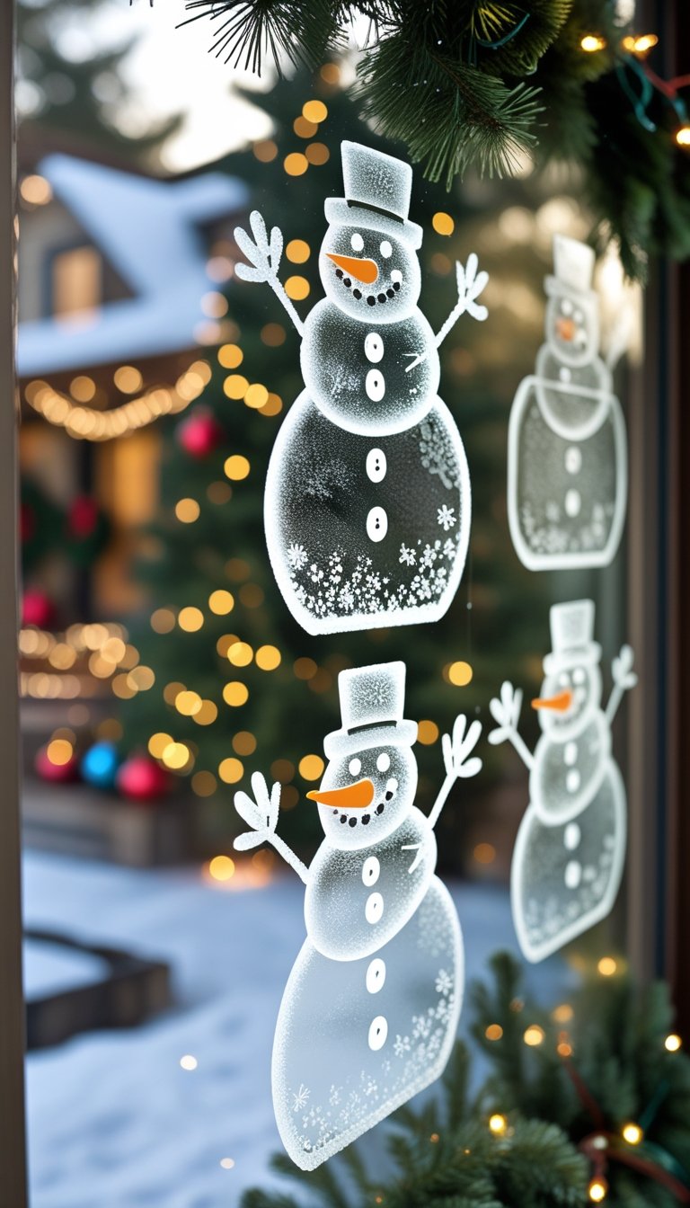 Frosted snowman window clings on a glass window with blurred Christmas yard decorations in the background.