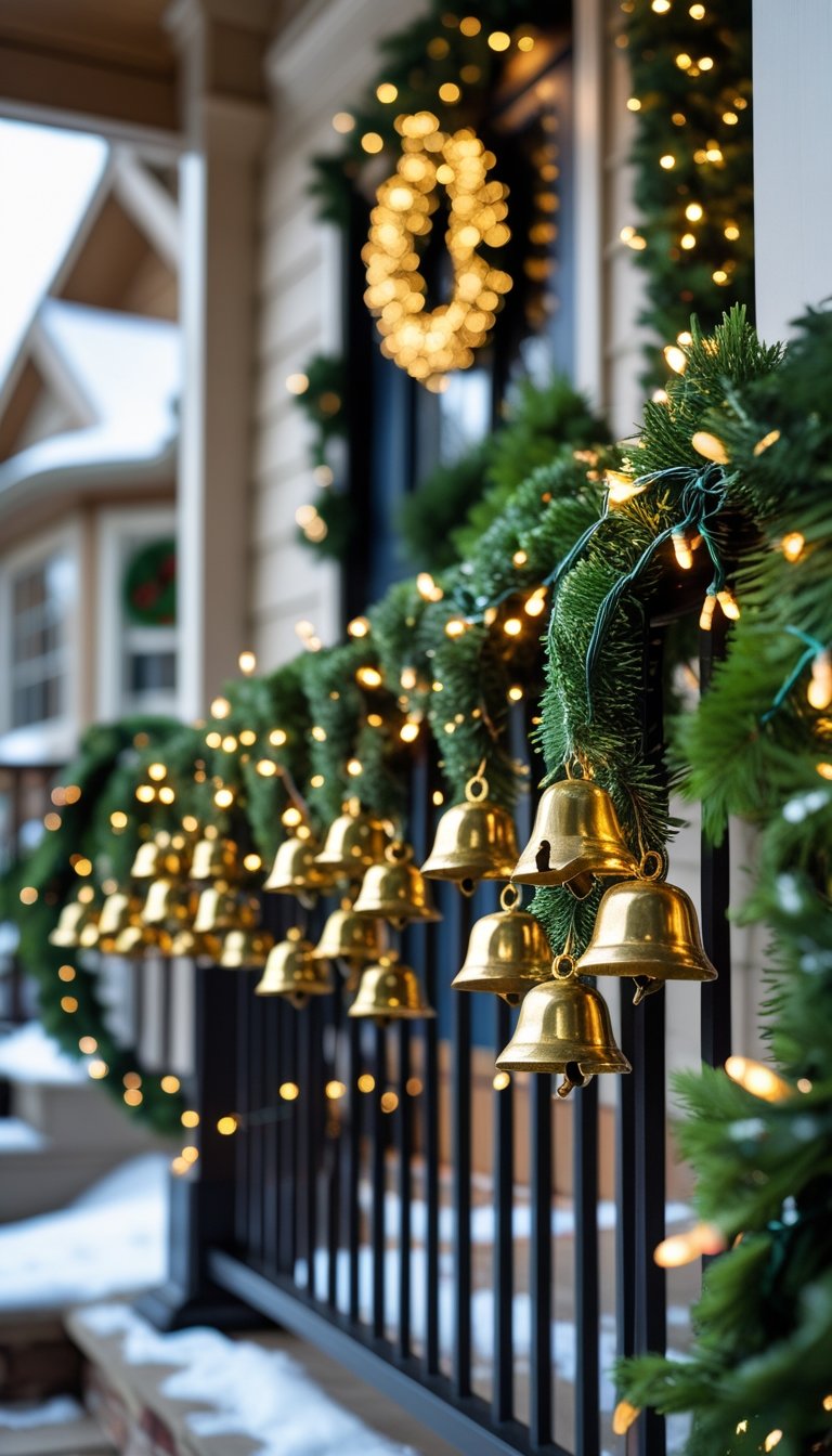 Front porch railing decorated with green garlands and clusters of brass bells for Christmas.