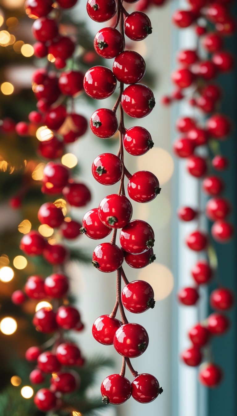 Strings of red berries hanging from a ceiling in a festive arrangement.