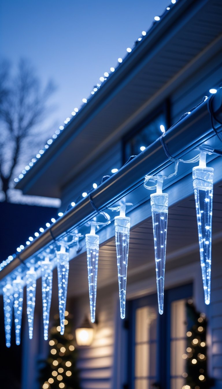 Icicle LED lights twinkling on the gutters of a house outdoors during early evening.