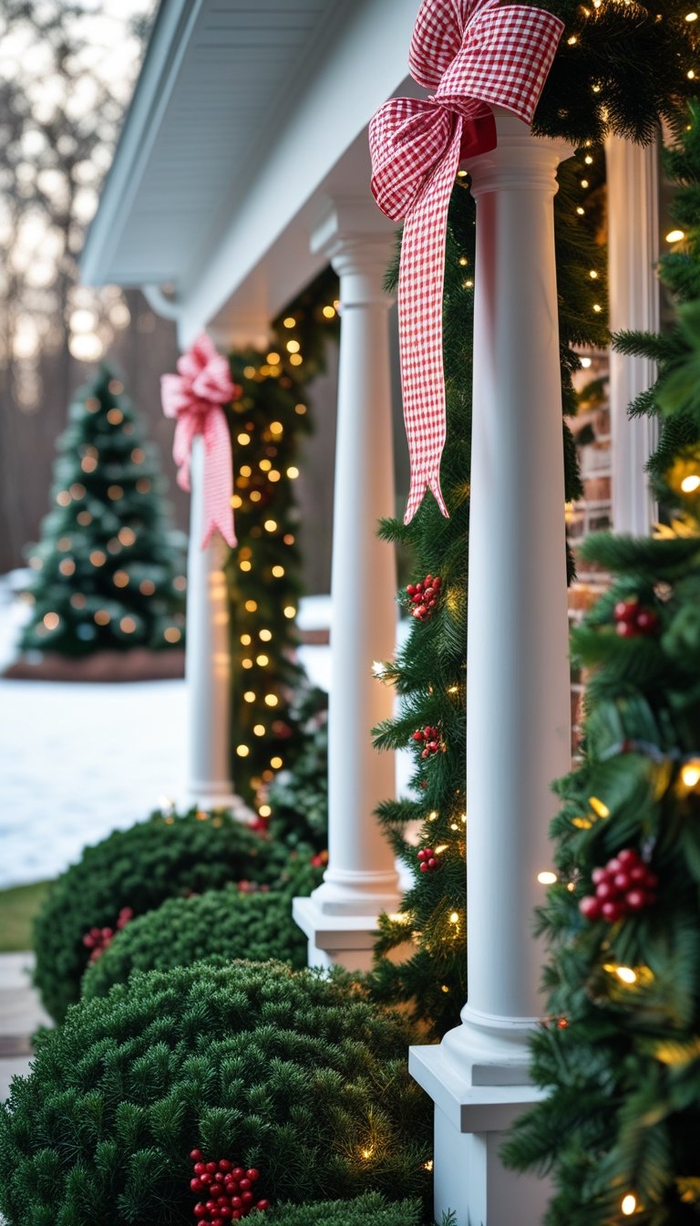 Porch columns wrapped with red and white gingham ribbons and Christmas garlands with lights in a snowy outdoor yard.