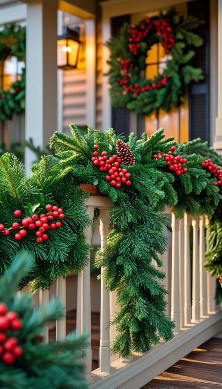 Front porch railing decorated with green evergreen swags and red berries for Christmas.