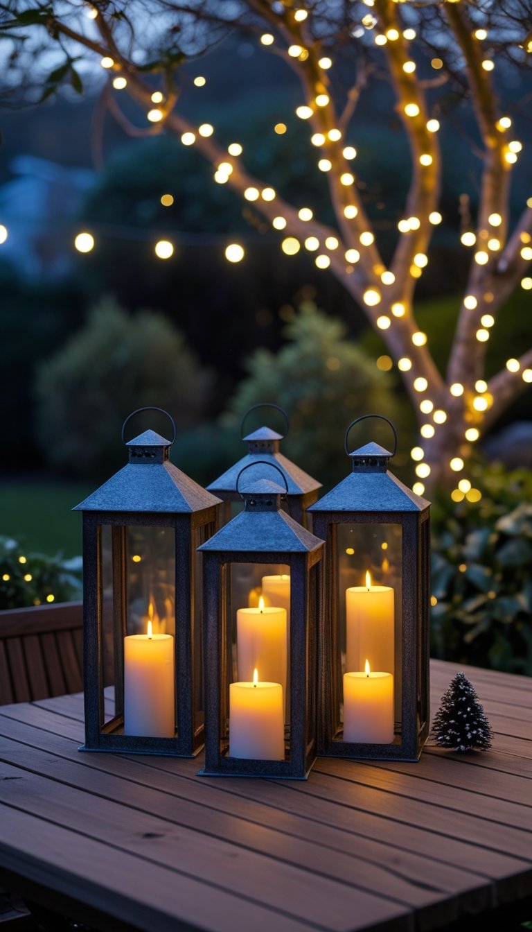 Outdoor lanterns with battery-operated LED candles glowing softly among Christmas lights in a garden setting.