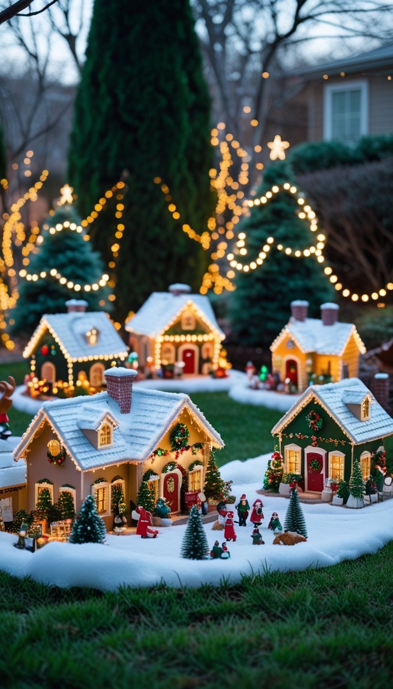 Miniature Christmas village setup with small decorated houses, figurines, and artificial snow in an outdoor yard surrounded by greenery and holiday lights.
