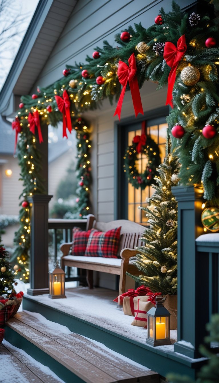 A front porch with a railing decorated with green garlands, red bows, ornaments, and lights, with a small Christmas tree and lanterns on the porch floor.