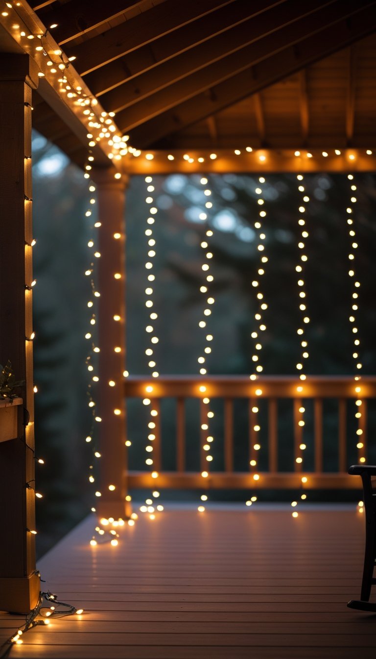 Porch ceiling decorated with cascading warm white fairy lights glowing softly.