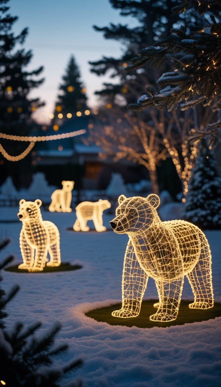 Outdoor yard decorated with lighted wireframe polar bear sculptures surrounded by snow and pine trees at dusk.