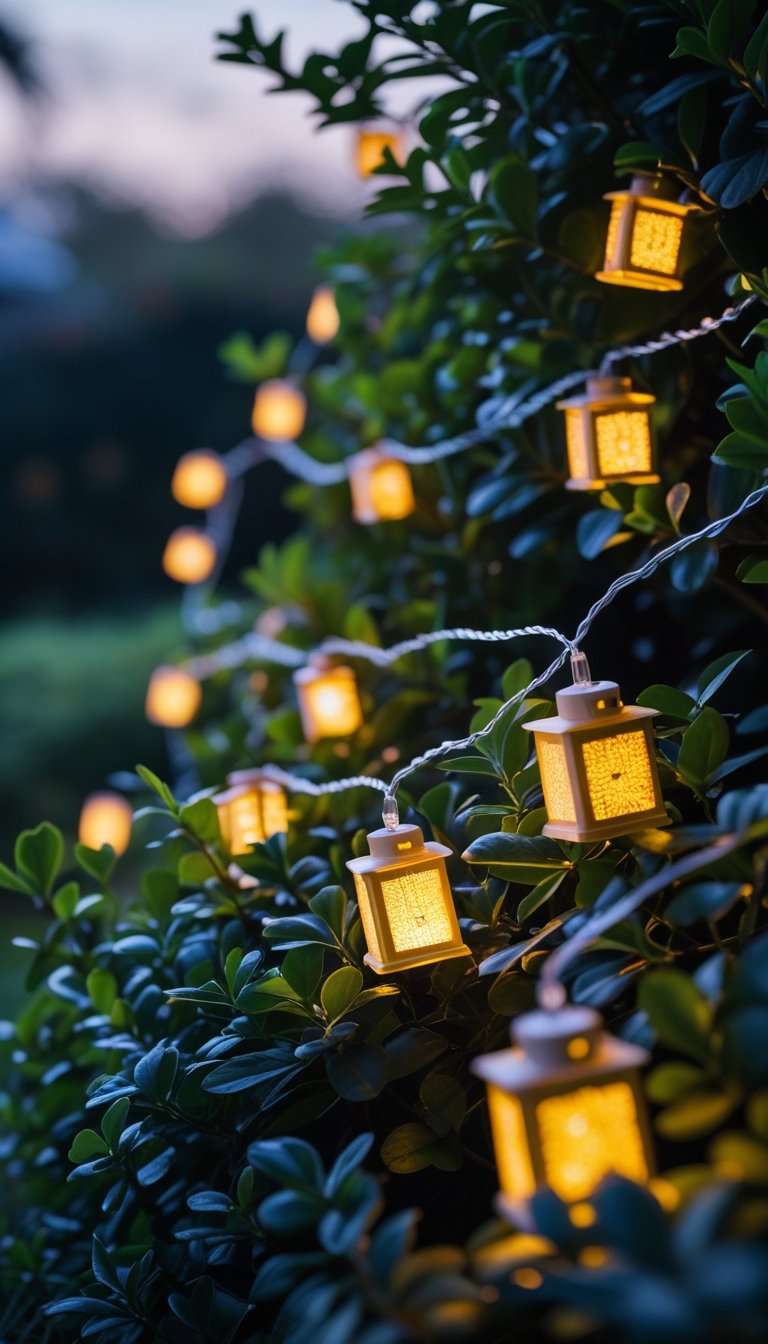 Battery-powered mini lantern string lights glowing on green bushes outdoors in the evening.