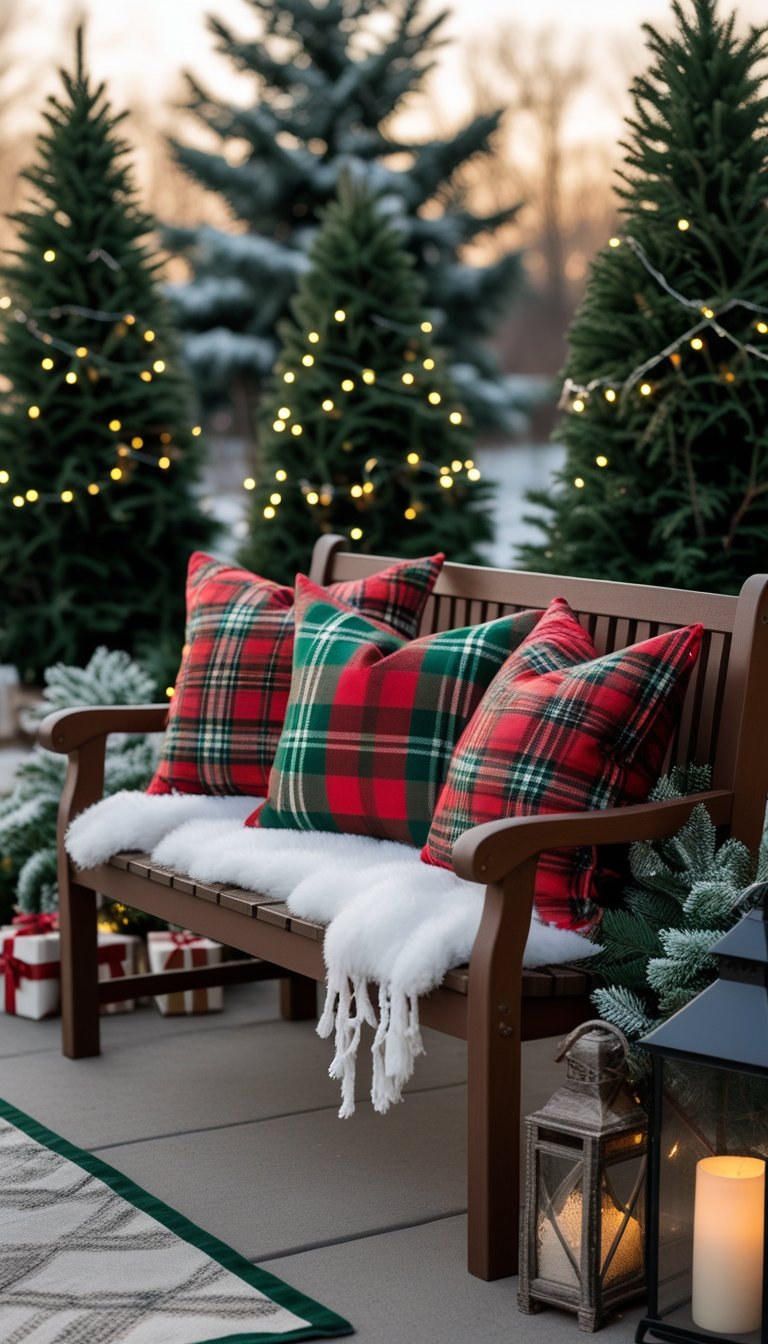 Outdoor wooden bench with plaid throw pillows surrounded by Christmas decorations including pine garlands, lights, and small gifts.