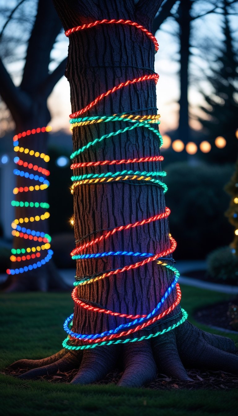 Large tree trunks wrapped with colorful rope lights in an outdoor setting during early evening.