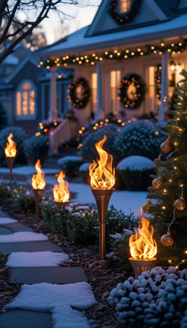 Outdoor Christmas yard at twilight with battery-operated flame torches lighting a garden pathway surrounded by holiday decorations and light snow.
