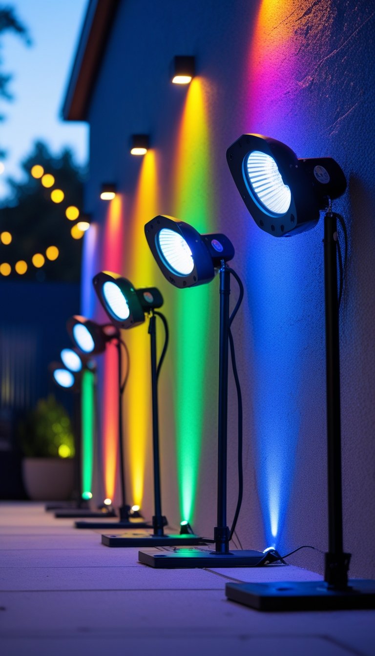 Outdoor scene with rainbow-colored LED floodlights casting colorful light on building walls during evening.