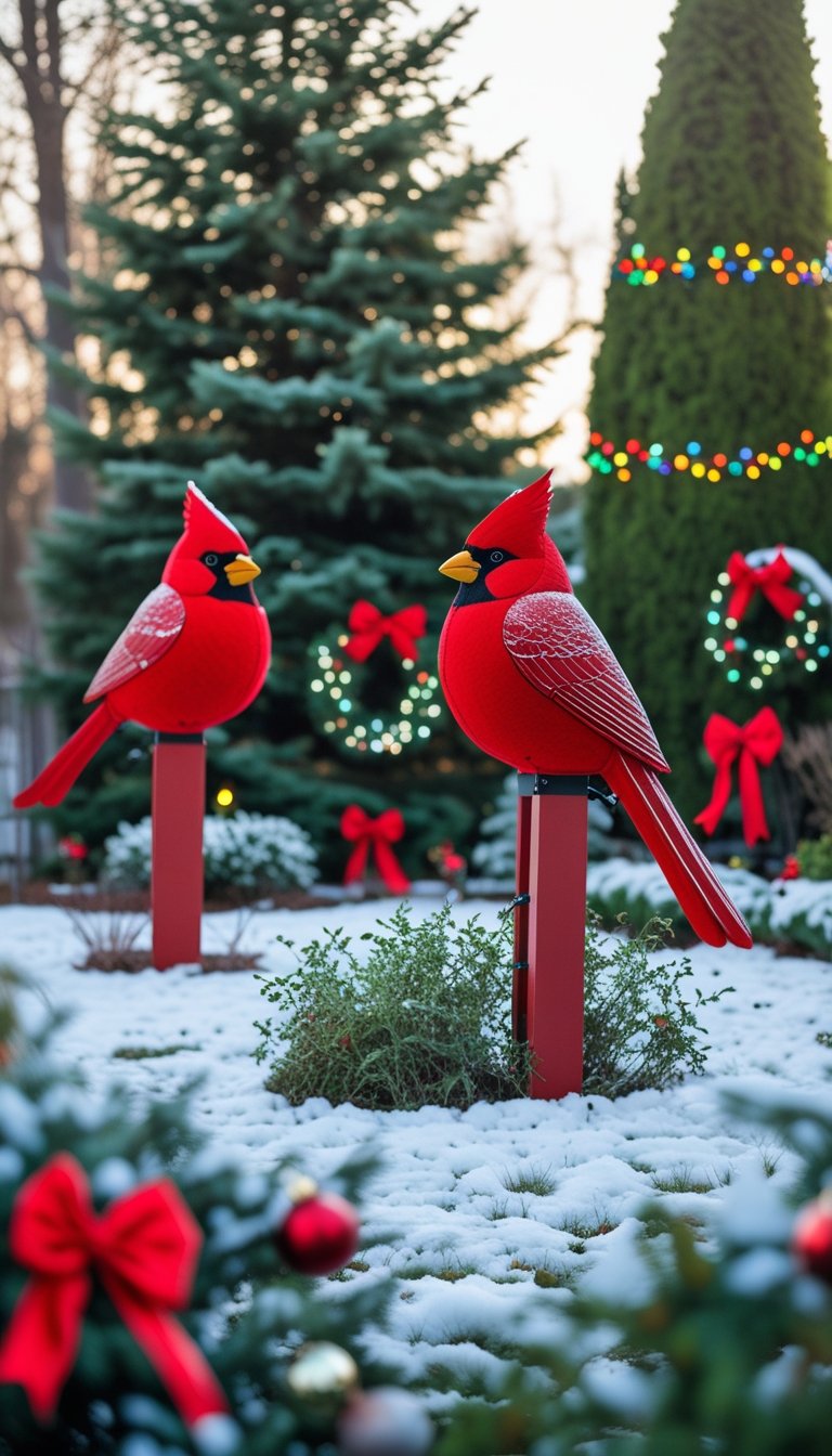Snowy outdoor yard decorated with large red cardinal yard stakes, pine trees, and Christmas lights.