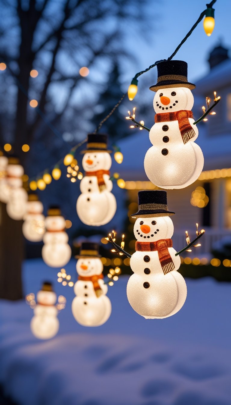 String of hanging snowman Christmas lights blinking outdoors with snow-covered trees in the background.