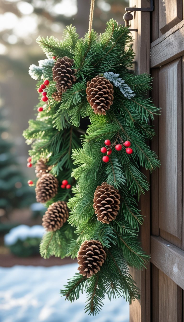 An outdoor evergreen swag decorated with pinecones hanging on a wooden door with a snowy yard in the background.