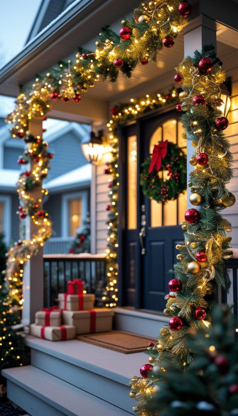 Front porch decorated with a gold and red garland, holiday wreath, and wrapped presents.