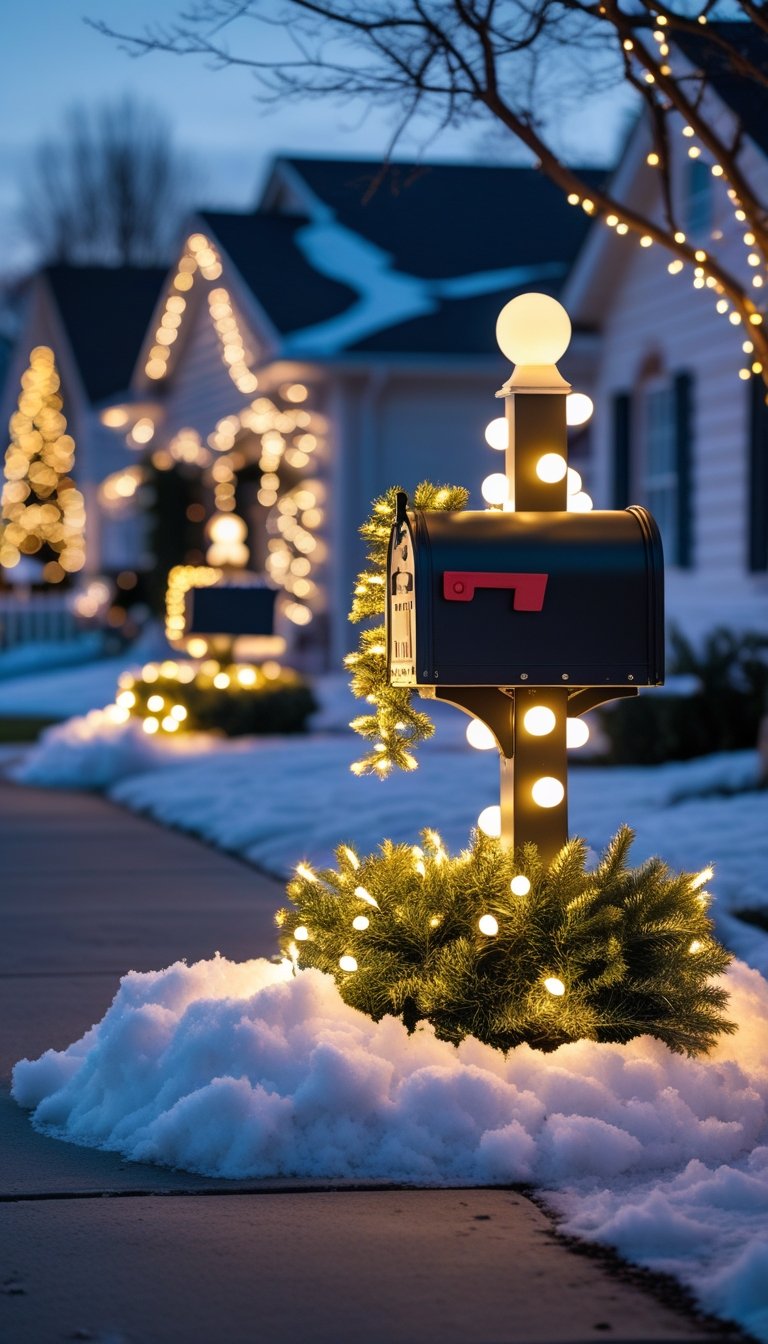 A mailbox surrounded by lighted faux snow piles and decorated with colorful outdoor Christmas lights.